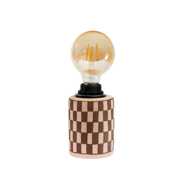 Checkered Lamp handmade ceramic table lamp with brown checks on pink clay, Mocha Cat Pottery Bangalore