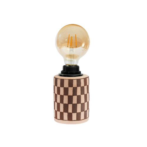 Checkered Lamp handmade ceramic table lamp with brown checks on pink clay, Mocha Cat Pottery Bangalore