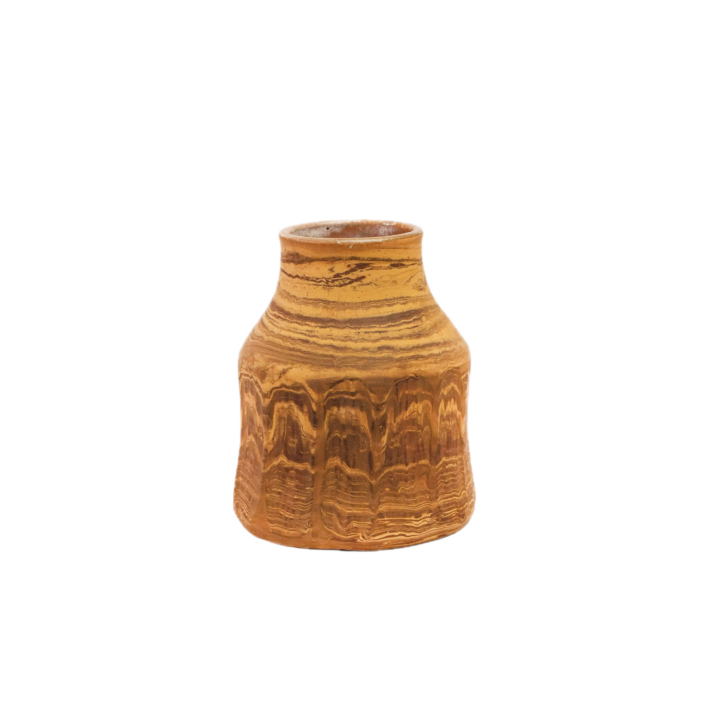 Tiramisu handmade marbled clay vase, yellow and brown, wheel-thrown by Mocha Cat Pottery Bangalore