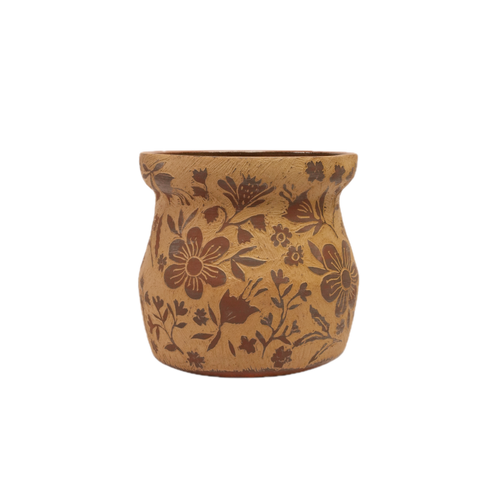 Borrowed Time handmade ceramic vase with hand-carved floral pattern, wheel-thrown by Mocha Cat Pottery Bangalore