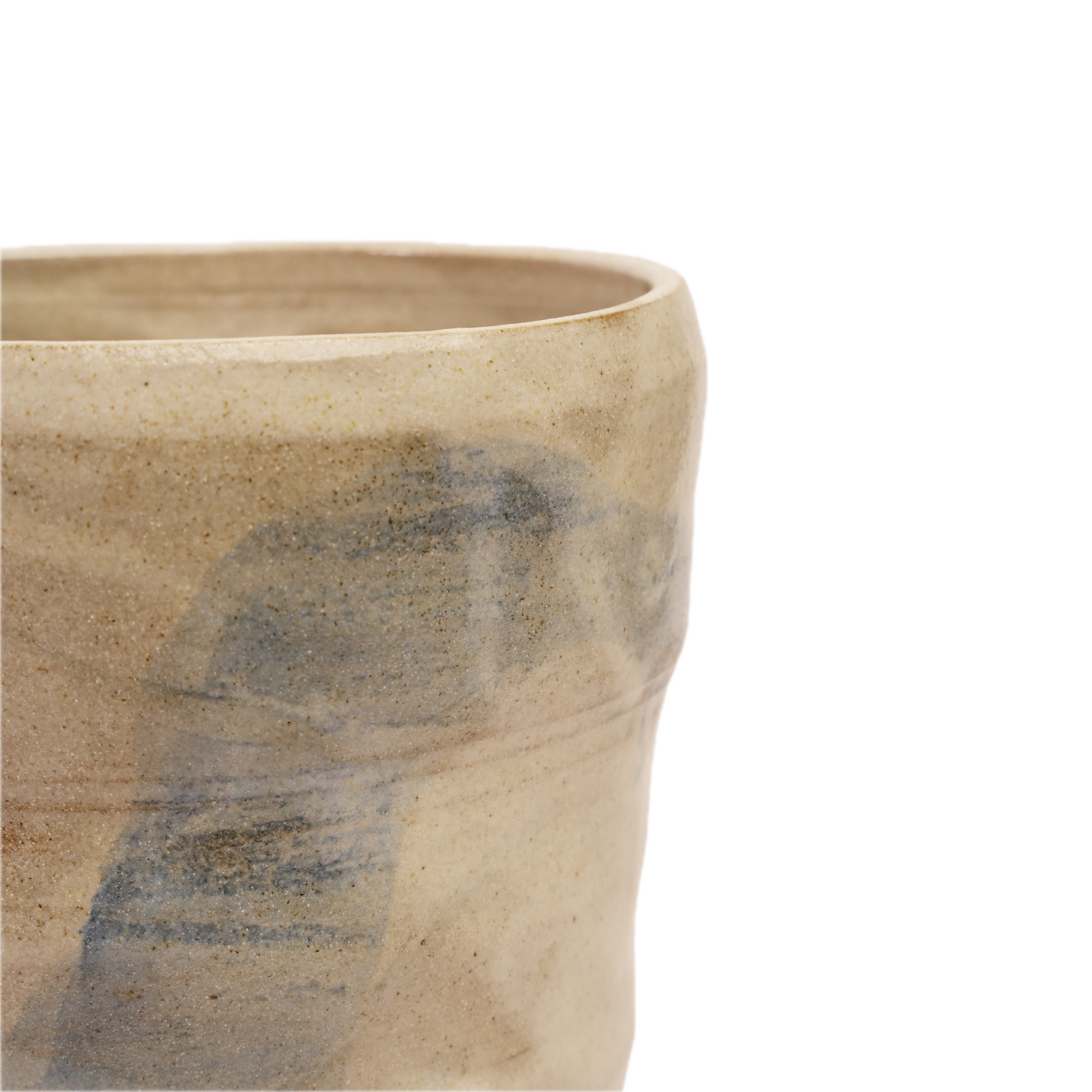 Close-up of brushed blue and white glaze transition on Flow vase, Mocha Cat Pottery