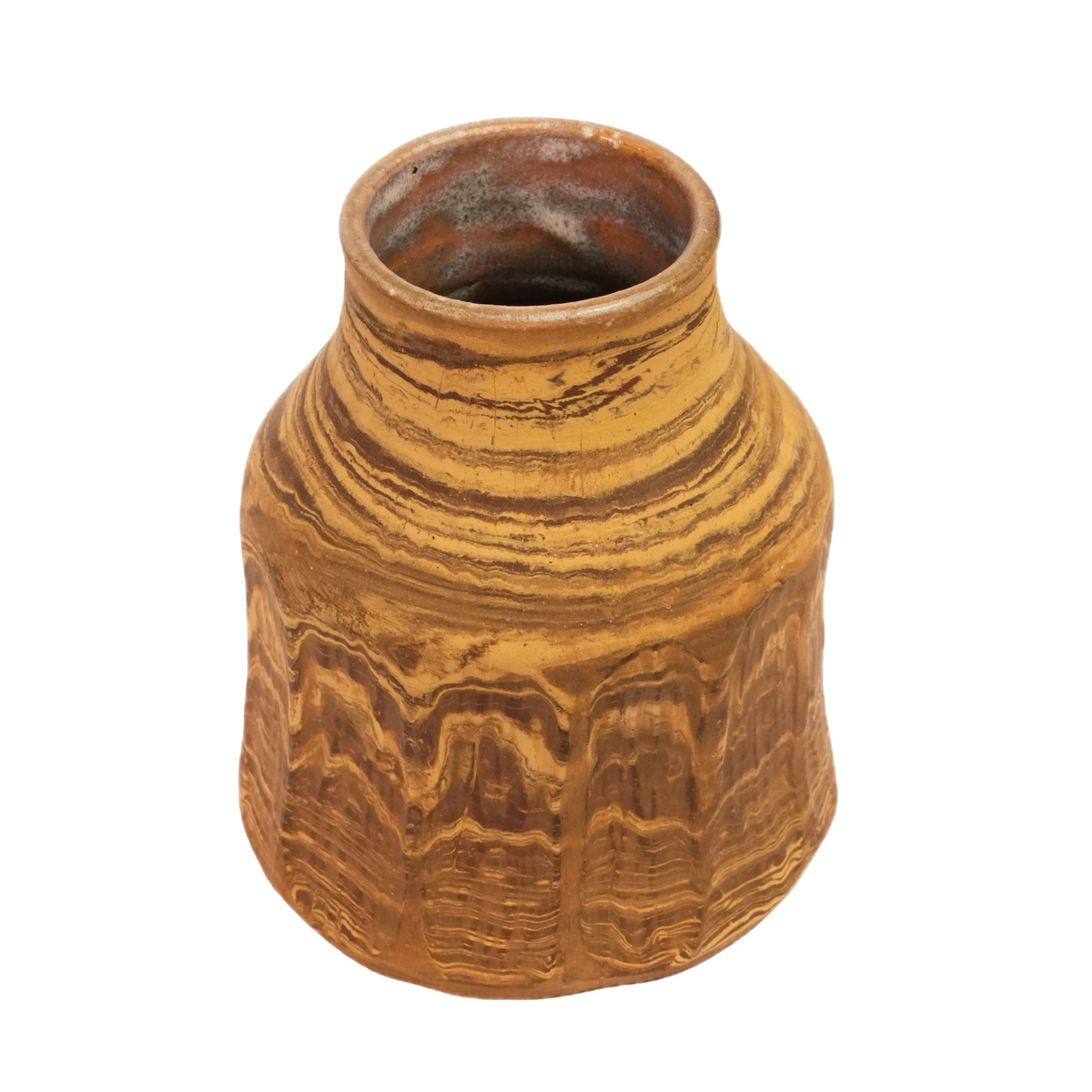 Close-up of hand-carved marbling on Tiramisu ceramic vase showing yellow and brown clay pattern