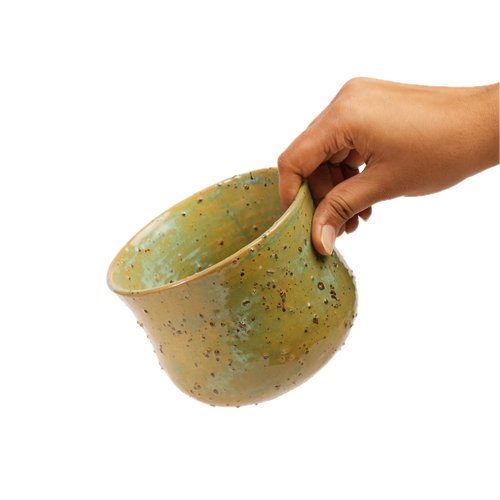 Poison Ivy textured ceramic vase held in hand for scale, Mocha Cat Pottery Bangalore