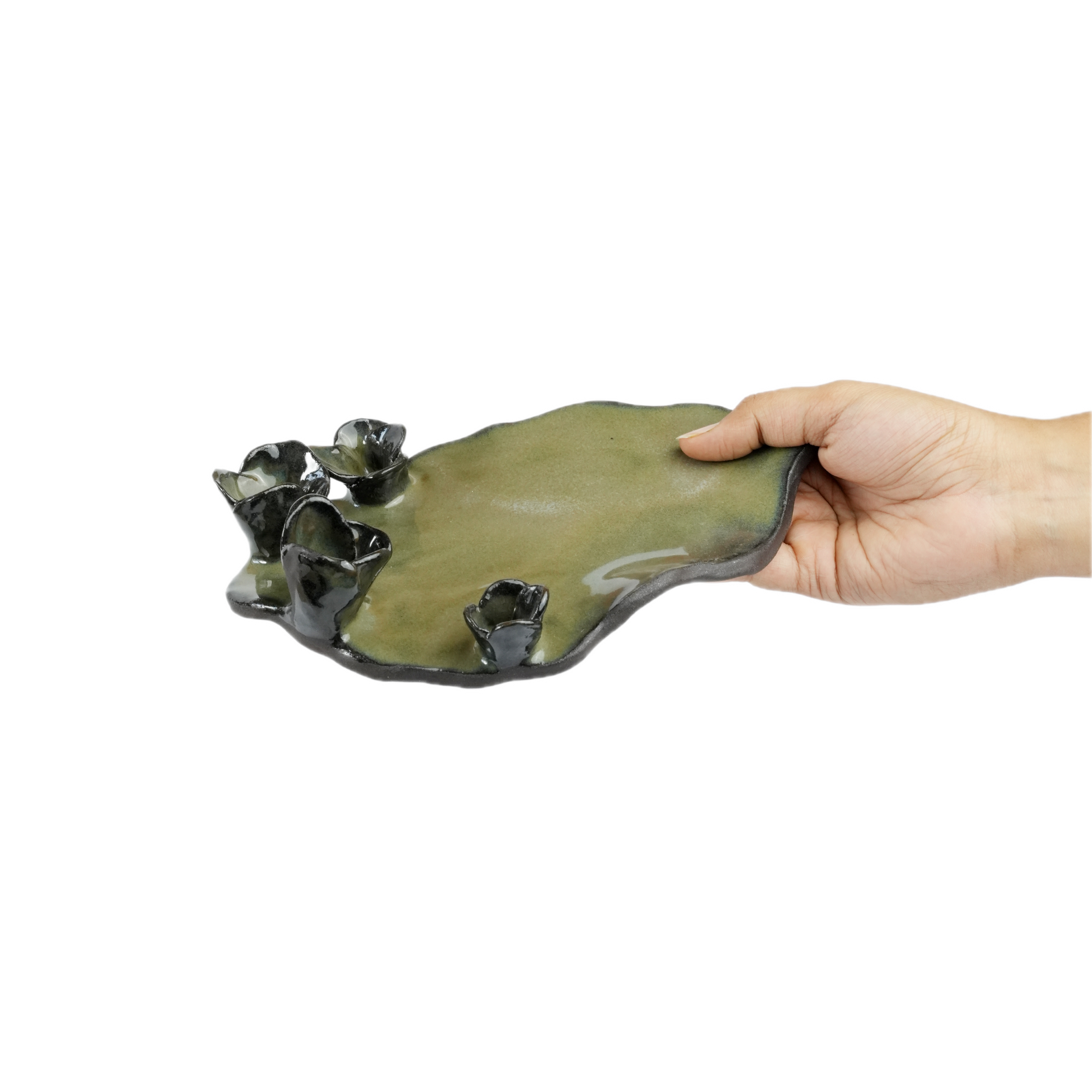 Kalanchoe tray shown next to hand for scale, handmade stoneware, 25cm