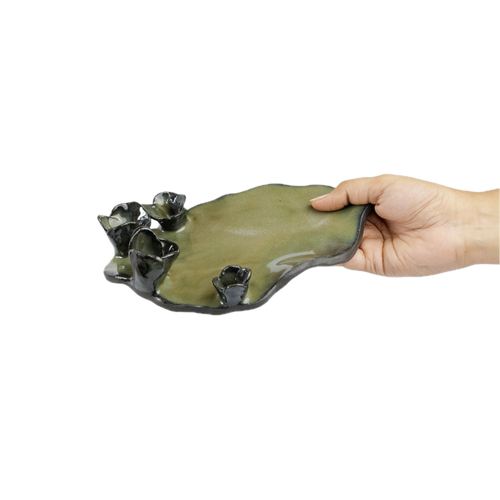 Kalanchoe tray shown next to hand for scale, handmade stoneware, 25cm