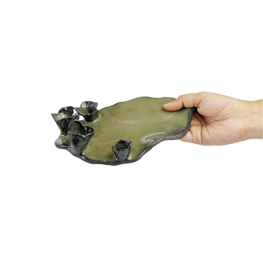 Kalanchoe tray shown next to hand for scale, handmade stoneware, 25cm