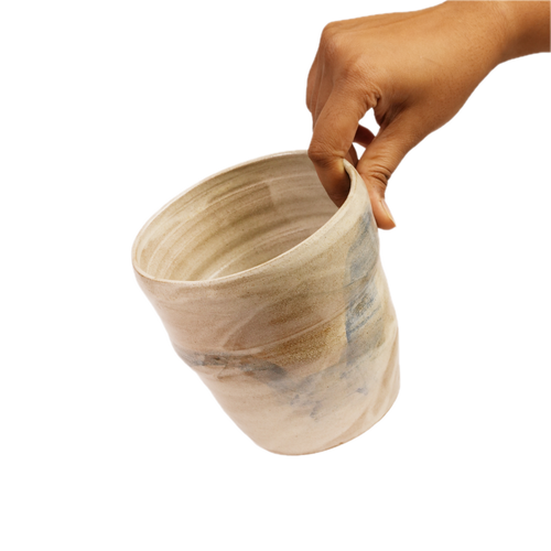 Flow organic ceramic vase held in hand for scale, Mocha Cat Pottery Bangalore