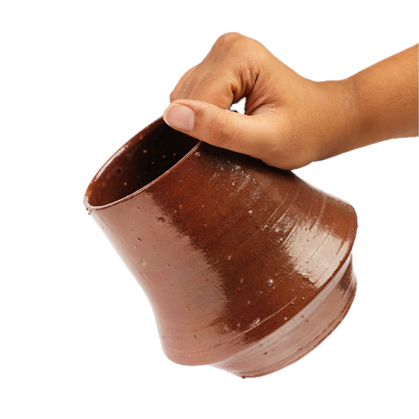 Brownie textured stoneware vase held in hand for scale, Mocha Cat Pottery Bangalore
