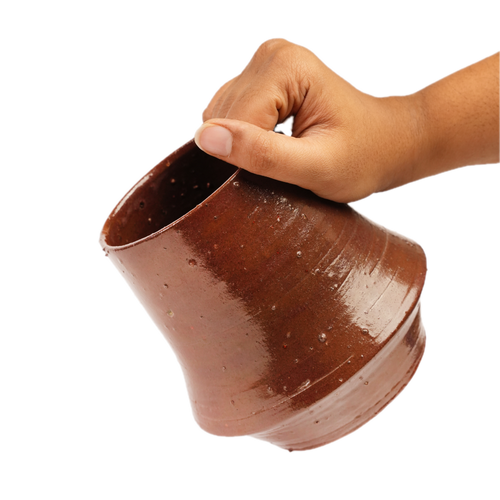 Brownie textured stoneware vase held in hand for scale, Mocha Cat Pottery Bangalore