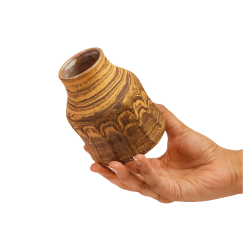 Tiramisu handmade ceramic vase held in hand for scale, Mocha Cat Pottery Bangalore