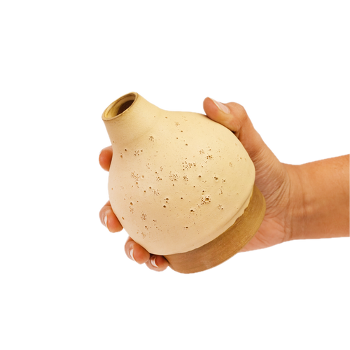 Blow textured ceramic bud vase held in hand for scale, Mocha Cat Pottery Bangalore