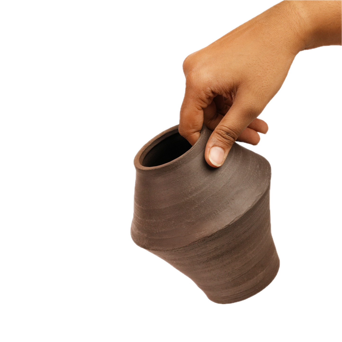 Karpa raw clay vase held in hand for scale, Mocha Cat Pottery Bangalore